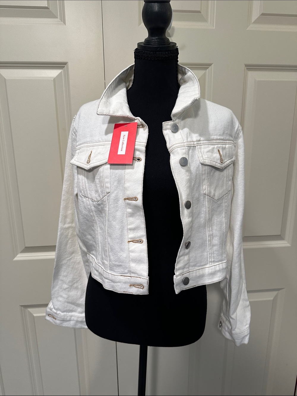 White Cropped Denim Jacket with Button Closure